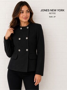 Jones New York Petite Black Wool Double Breasted Jacket Size 2P Made in USA